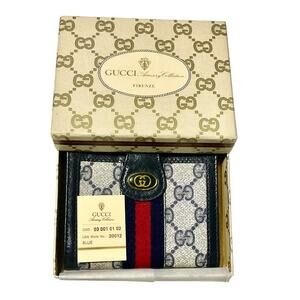 GUCCI Vintage Interlocking G GG Supreme PVC Leather Navy Bi-fold Wallet Boxed